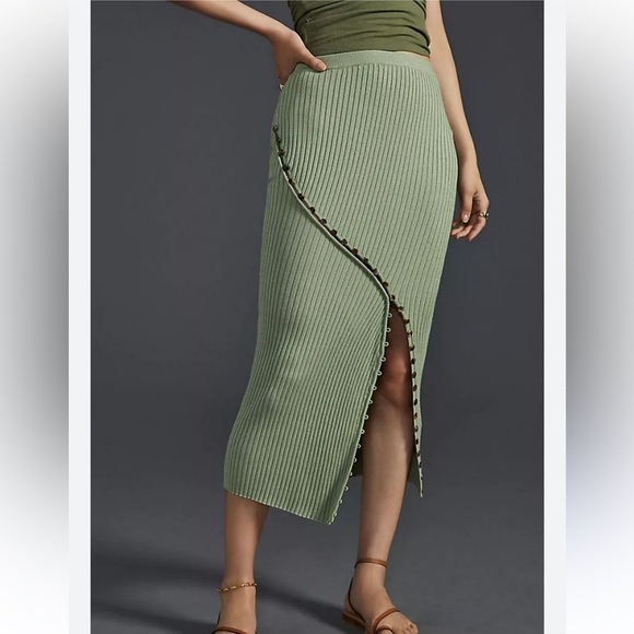 Anthropologie Sovere Buttonfront Ribbed Knit Pencil MIDI Skirt M Green NEW! - Picture 3 of 7